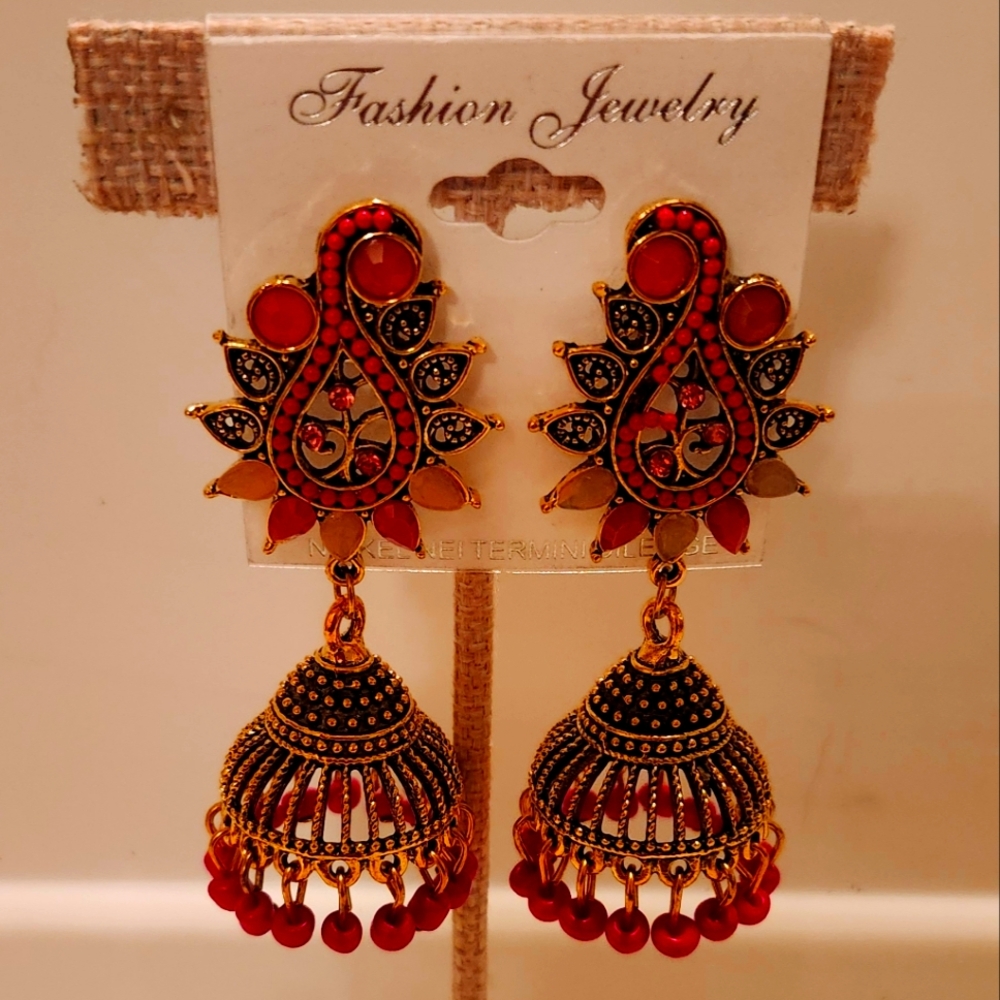 Fashion Jewelry Pink and Gold Jhumka Earrings